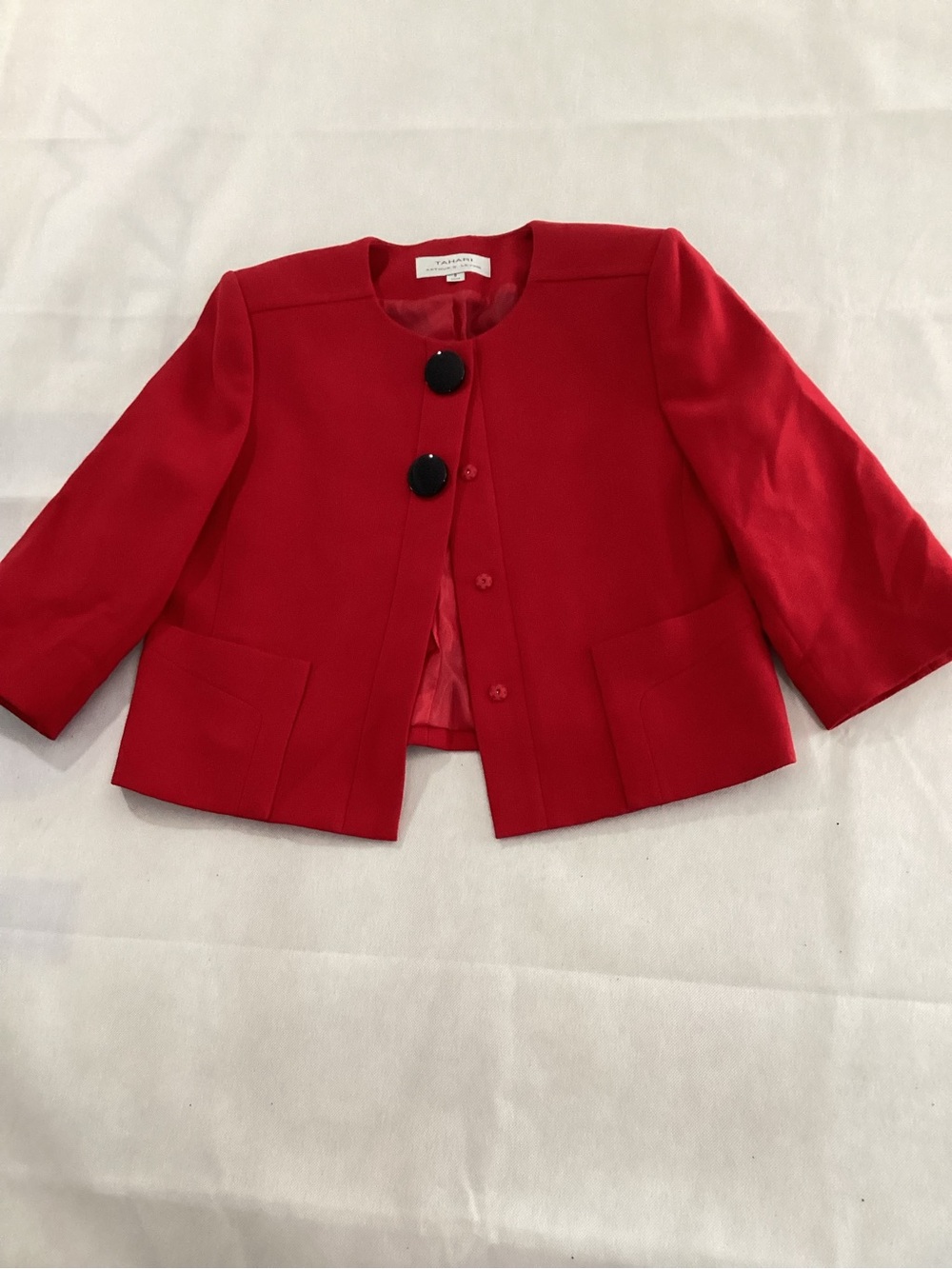 Tahari Bright Red Cropped Boxy Blazer with Black Buttons
